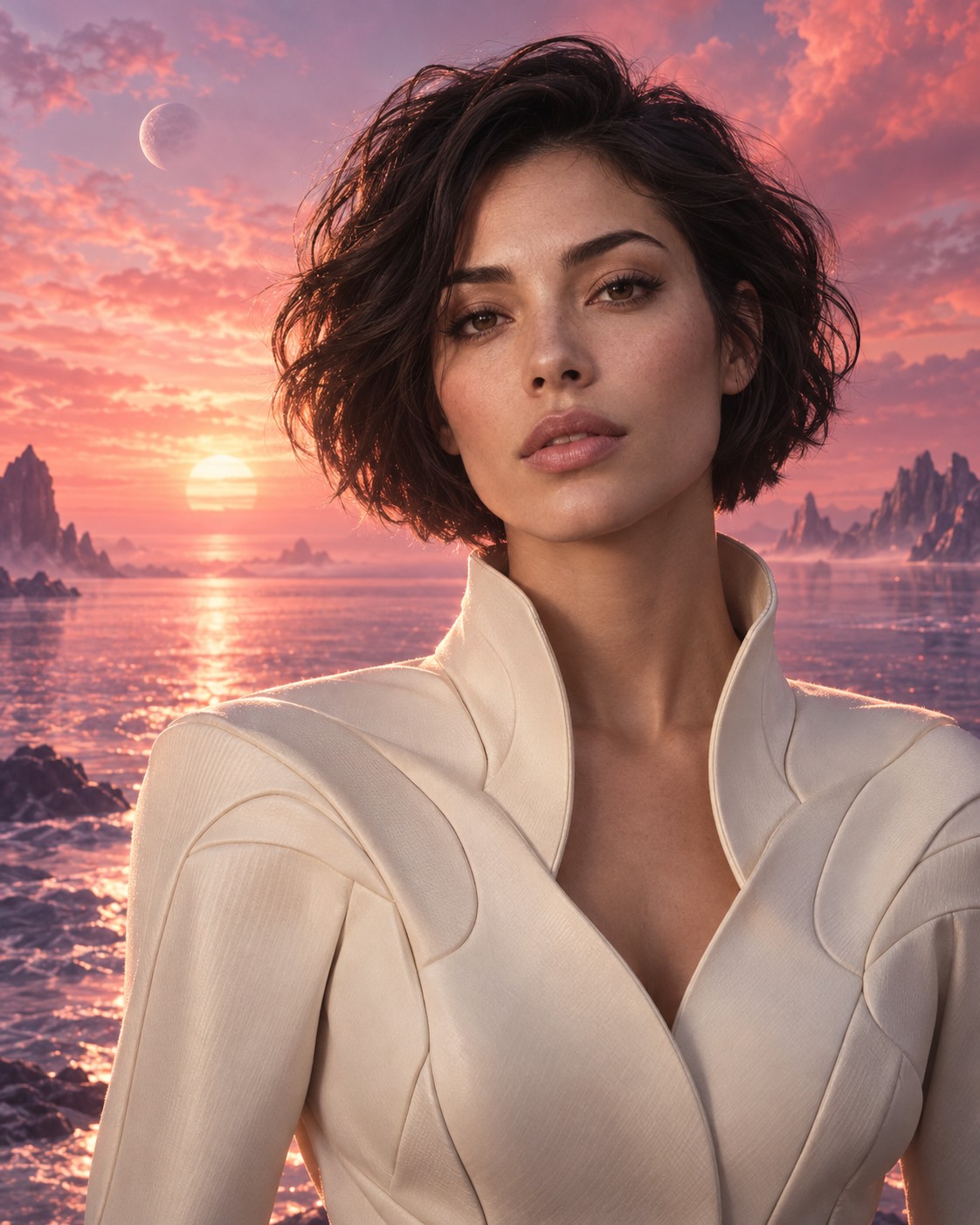 Imagined explorer against a dreamy pink and lavender sunset